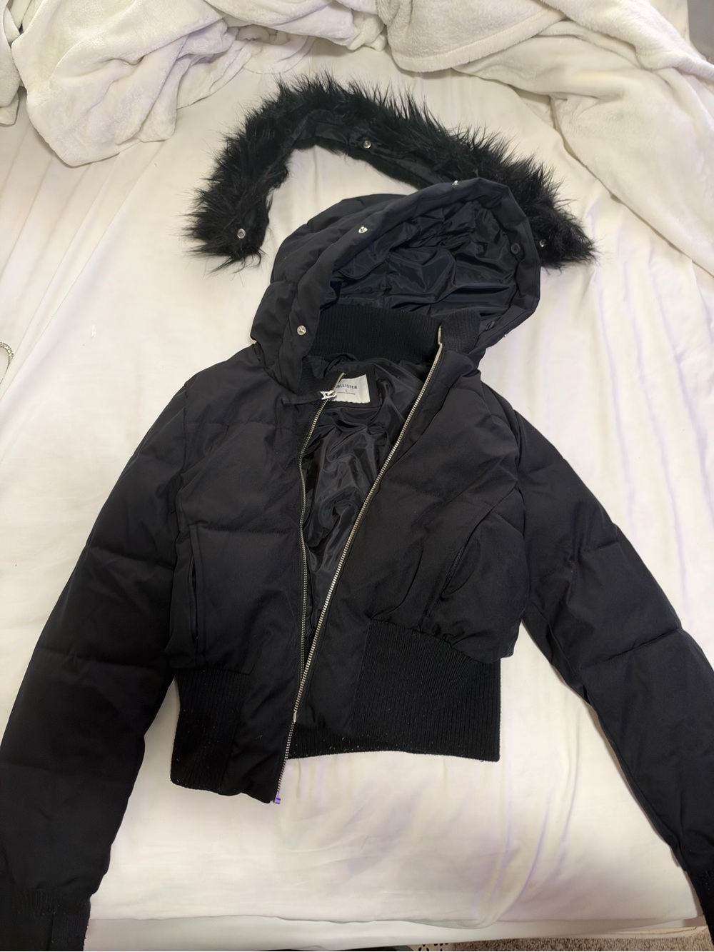 Hollister Black Hooded Puffer Jacket with Faux Fur Trim